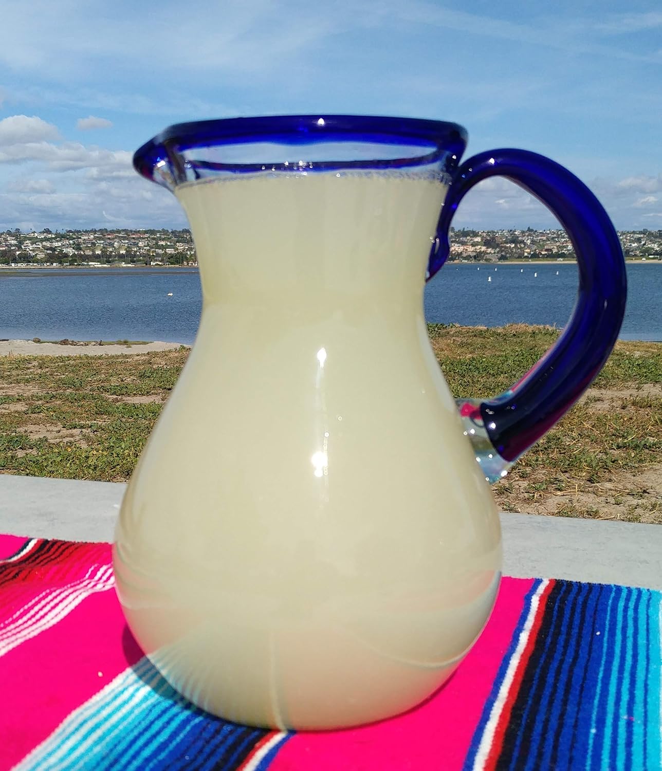 Dos Sueños Mexican Hand Blown Glass Drinkware Set - 4 Margarita Glasses (16oz) and Pitcher (84oz) – Cobalt Blue Rim