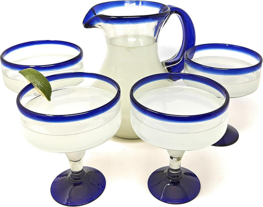 Dos Sueños Mexican Hand Blown Glass Drinkware Set - 4 Margarita Glasses (16oz) and Pitcher (84oz) – Cobalt Blue Rim