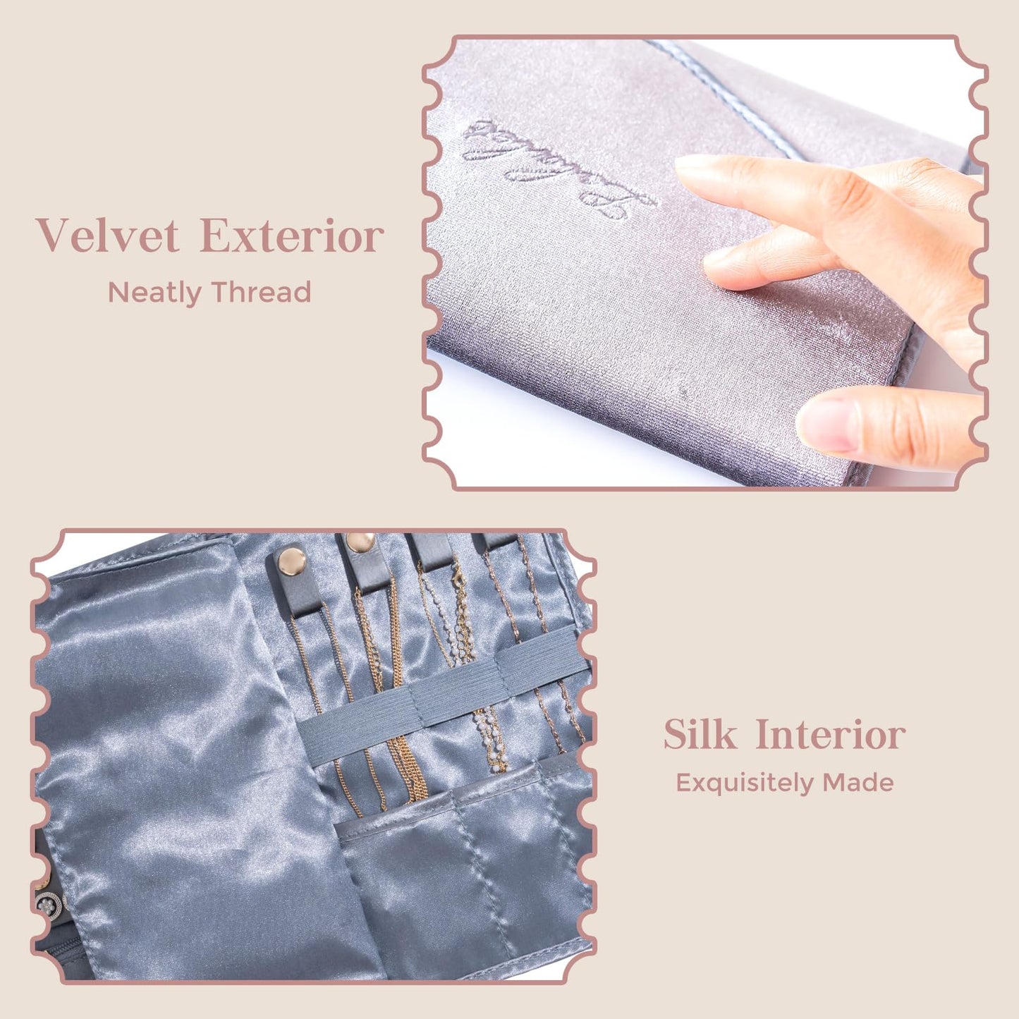 Lolalet Travel Jewelry Organizer Case, Foldable Velvet Jewellery Roll Pouch Fashion Traveling Jewelry Wallet Envelope Clutch for Rings Earrings Necklaces Bracelets Brooches Eardrops Watch -Grey