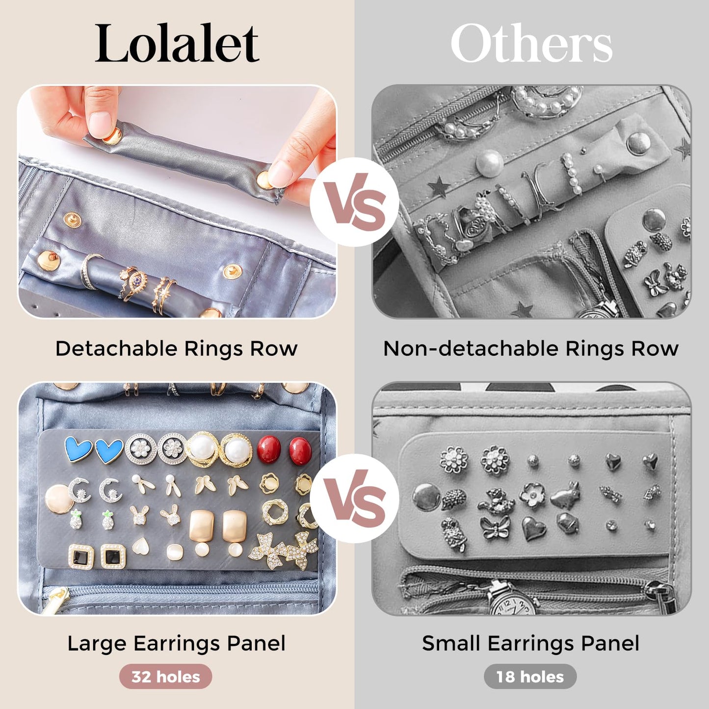 Lolalet Travel Jewelry Organizer Case, Foldable Velvet Jewellery Roll Pouch Fashion Traveling Jewelry Wallet Envelope Clutch for Rings Earrings Necklaces Bracelets Brooches Eardrops Watch -Grey