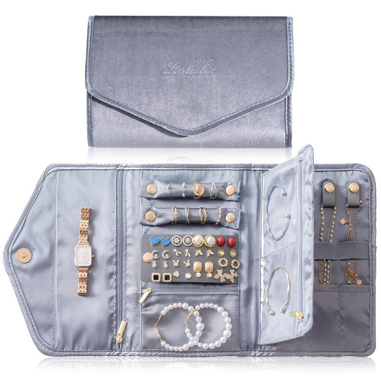 Lolalet Travel Jewelry Organizer Case, Foldable Velvet Jewellery Roll Pouch Fashion Traveling Jewelry Wallet Envelope Clutch for Rings Earrings Necklaces Bracelets Brooches Eardrops Watch -Grey