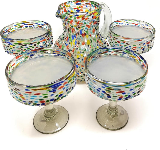 Dos Sueños Mexican Hand Blown Glass Drinkware Set - 4 Margarita Glasses (16oz) and Pitcher (84oz) – Confetti Rock