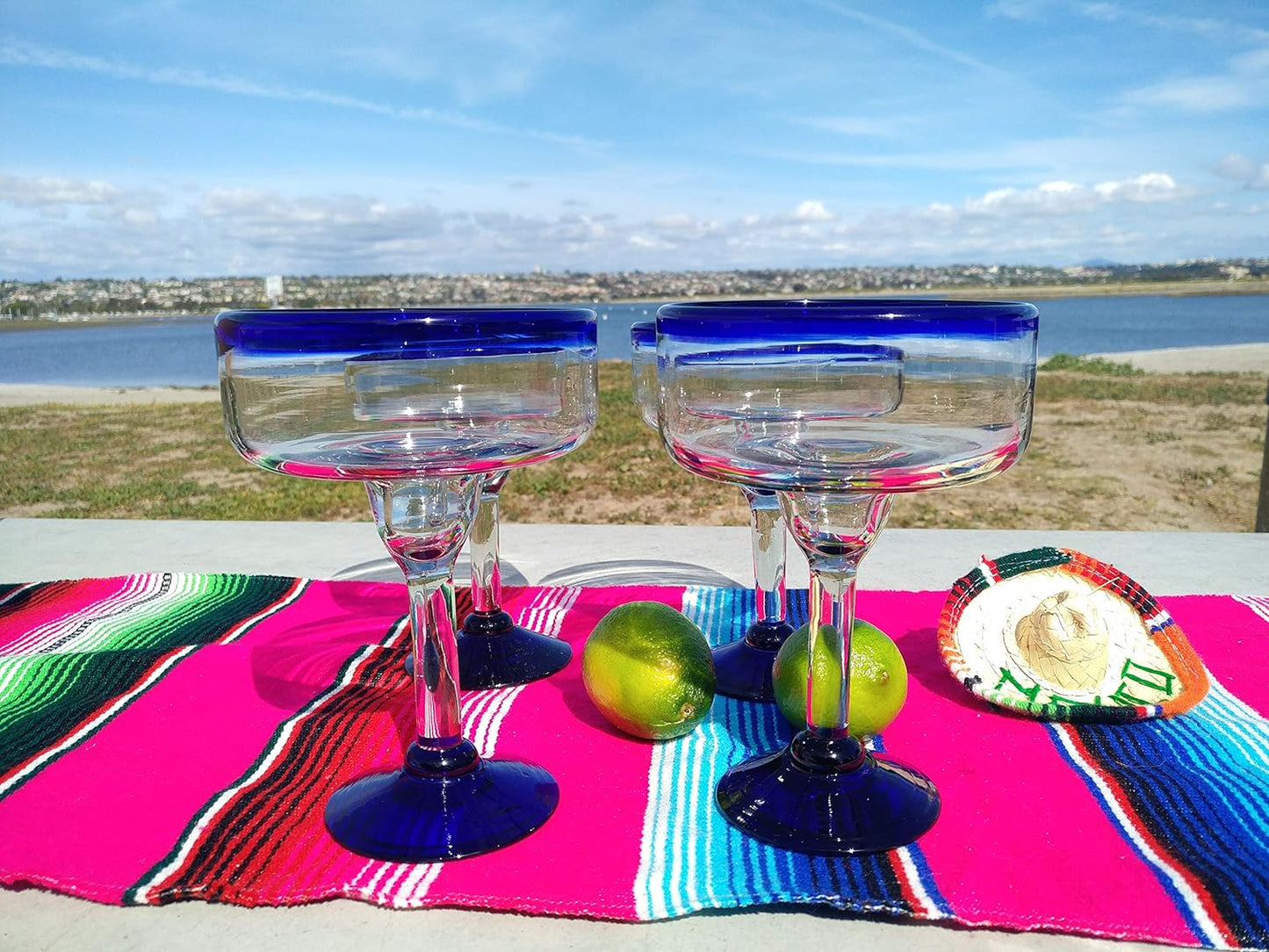 Dos Sueños Mexican Hand Blown Glass Drinkware Set - 4 Margarita Glasses (16oz) and Pitcher (84oz) – Cobalt Blue Rim
